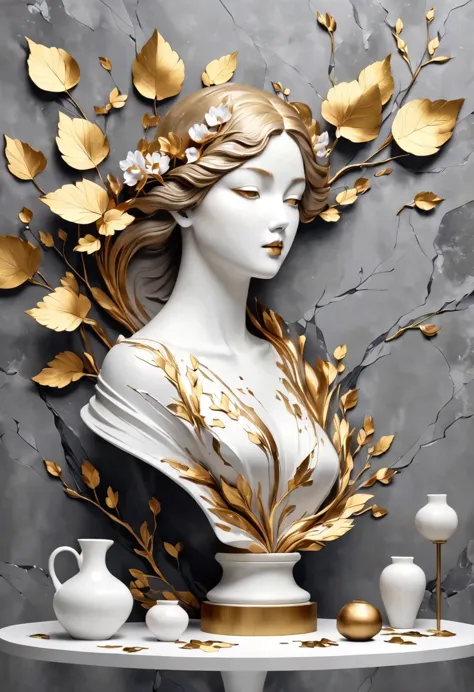 ((exhibit，Still Life Table，Artistic statues，3D Sculpture，ceramics，Surface cracks，Shattered Texture)), Show the beauty of nature.Kaneko，Golden powder， This artwork is presented on a grey background，Emphasize its artistic quality.
