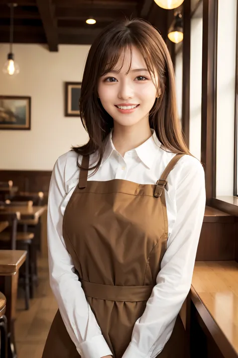 (highest quality、Tabletop、8k、Best image quality、Award-winning works)、Woman working in a café、The perfect brown apron、A classy sh...