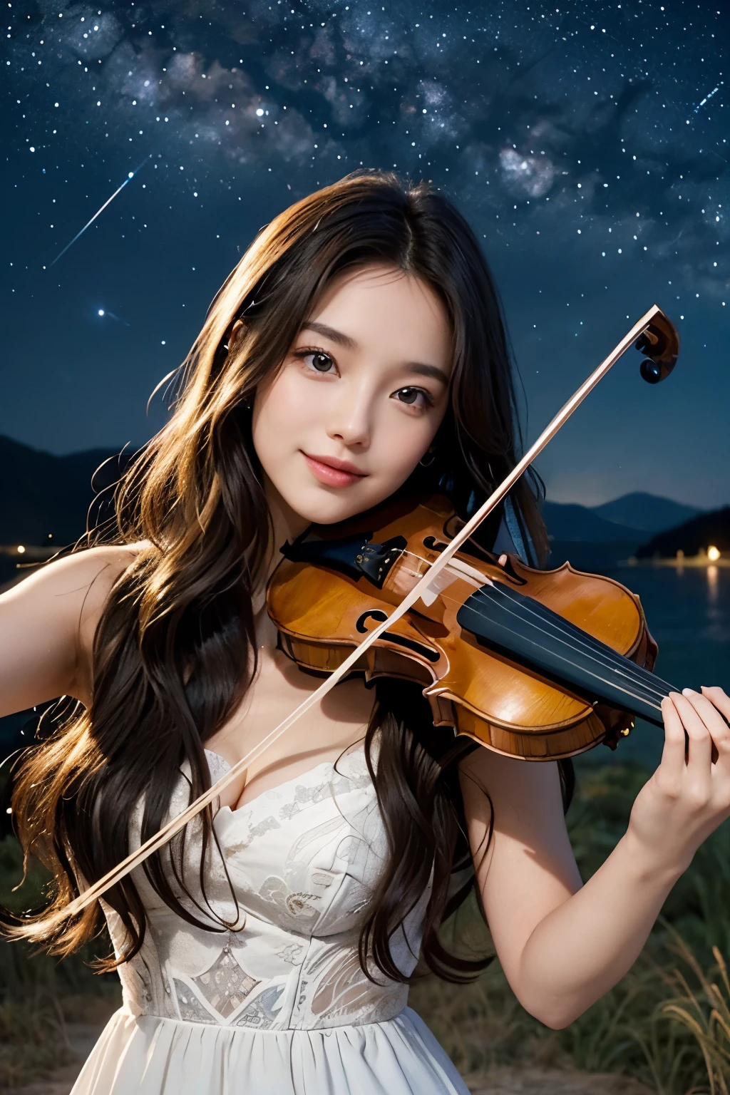 Brunette woman with long wavy hair, expert violinist playing violin, beautiful starry sky, fair skin tone, hazel eyes, playing the beautiful violin, gorgeous, gorgeous scenery, shooting star, meteor shower, yellow and white and dark blue and light violet aesthetic theme, elegant, perfect smile,