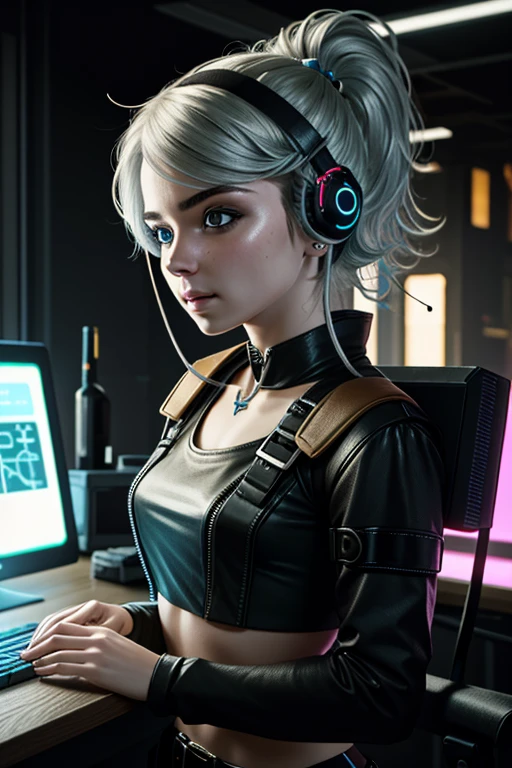 (obra de arte, melhor qualidade:1.2)
Ciri Witcher, 1 garota, tronco, como um hacker cyberpunk, cercado por ferramentas de hacking, computador, top branco, fone de ouvido, futurista
