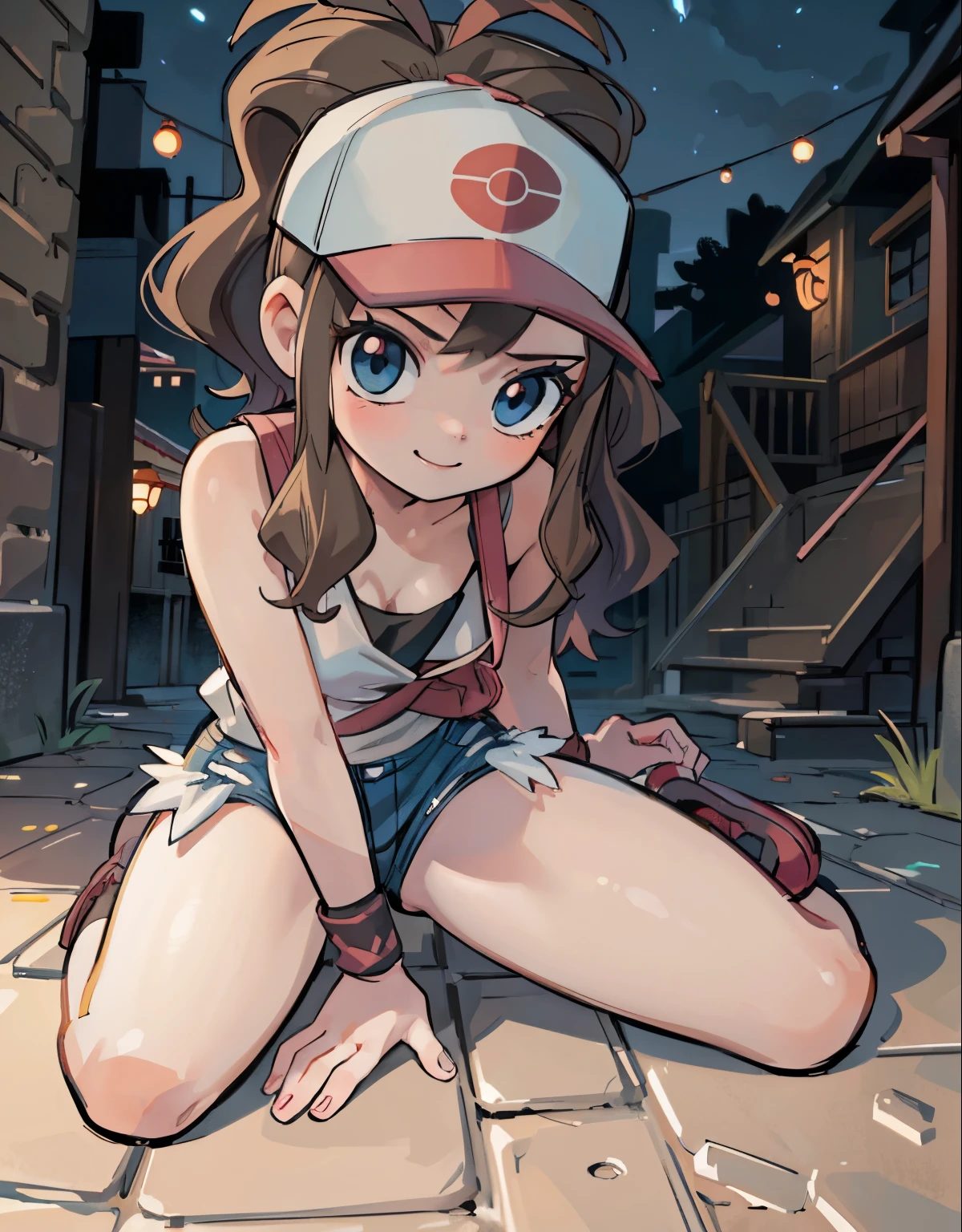 (best quality, highres, masterpiece:1.2), ultra-detailed, realistic:1.37, sketches, hilda pokemon, def1, teenage girl, sitting on her knees, visible thighs, chubby thighs, thighs in the foreground, body shape, dirty dark alley, night street, sentada junto a un hombre, hombre tocando su cuerpo, curious look, pokeballs, smile, encanto femenino, downblouse