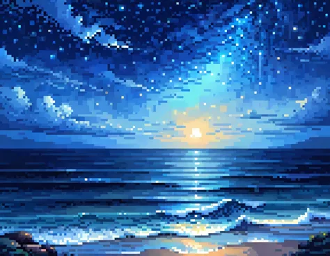 Blue Sunday, Nostalgic, Melancholic, beautiful, starry night, sky, over ocean, pixel