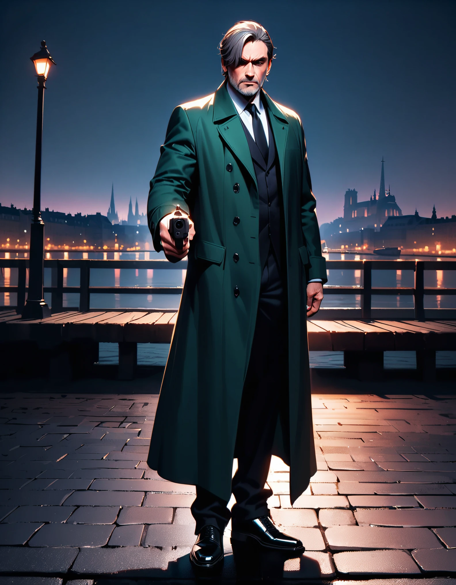 masterpiece, best quality, hyper detailed, ultra detailed, 1man, solo, solo focus, arafed french man in a coat, (pointing pistol at the viewer, glock17), tall body, middle-aged man, professional, relaxed but determined, serious but cool, he's a hitman in peacoat, he is wearing a green trenchcoat, darkgreen suit and tie, slacks, black dress shoes, full body and head shot, full body shoot, full-body-shot, fullbody shot, dock, paris, night backdrop, film noire atmosphere, reddish grey hair, green eyes, hair over one eye, secret agent, spy, midnight, noir lighting.