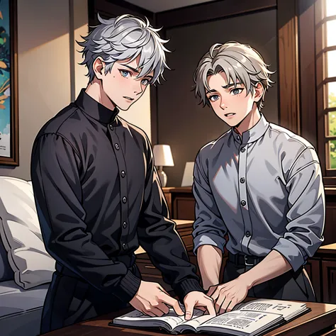 There are two boys, they are brothers, 16 years old, gray hair, gray eyes, talking worriedly.