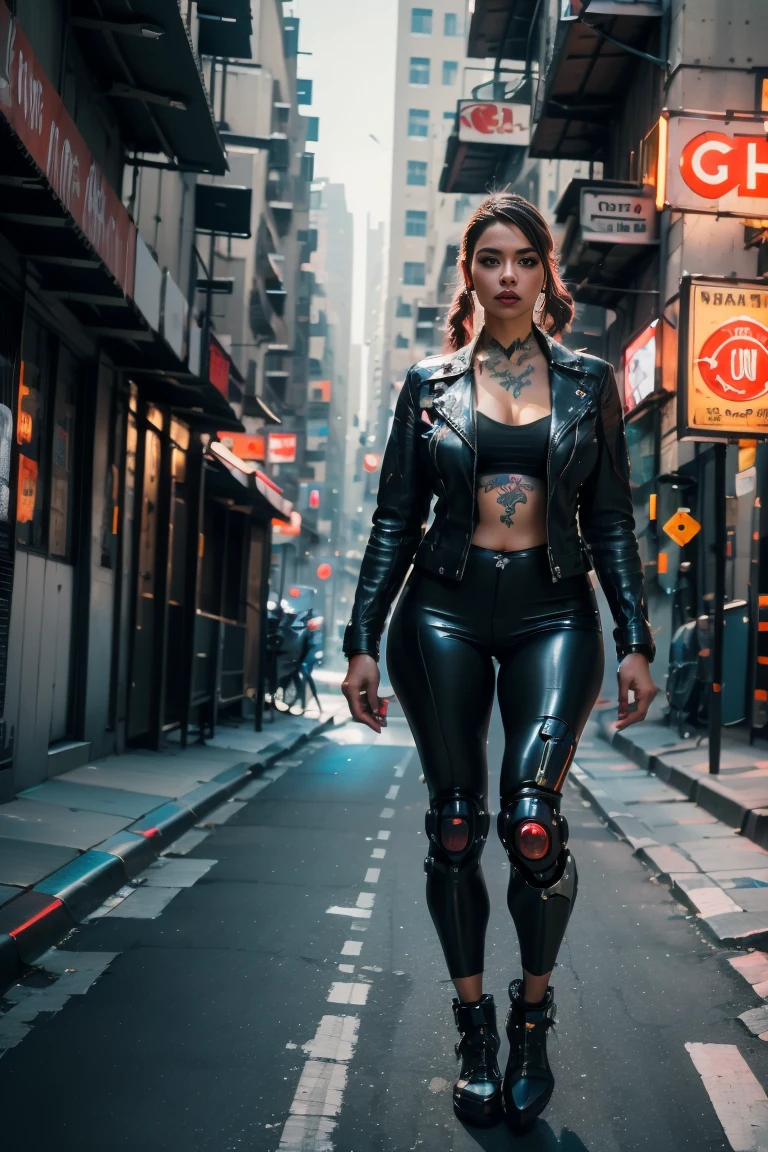 (best quality, 4k, 8k, highres, masterpiece:1.2), ultra-detailed, (realistic, photorealistic, photo-realistic:1.37), Street, motorcycle, Sexy cyborg girl sitting on motorcycle, french braid, blonde hair, cyberpunk, futuristic, neon lights, vibrant colors, urban background, sleek design, long legged girl, curvy body, fierce eyes, leather jacket, full lips, strong and confident pose, dynamic perspective, fast moving traffic, cityscape reflection, chrome exhaust pipes, engine roaring, tattoos covering arms, concrete jungle, hidden tattoos, high-tech prosthetic, metallic body parts, enhanced vision, technology integration, seamless fusion of human and machine