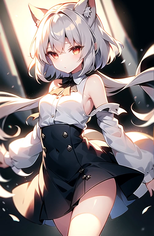 high quality，Top quality，high resolution，masterpiece, best quality, 1 Girl，bedroom，big eyes，Loli，Slender figure，short and small，Red eyes，White hair， Double ponytail hairstyle， Wear a white shirt，Show your belly button，Wear a short black skirt，Off-shoulder，Shy, blush，White pantyhose，Standing，Black casual boots，