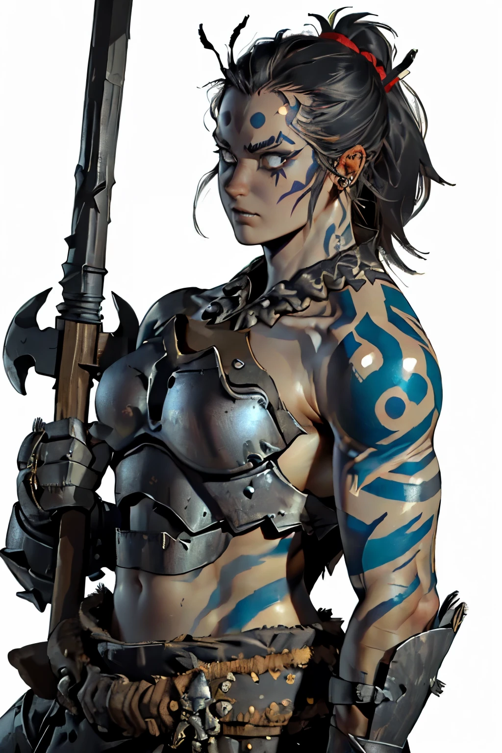 girl, (((grey skin))), looking at the camera, large shoulder, ((((white tatoo)))), showing shoulders, (((wearing insect armor, wearing bones armor))), growling, fierce, close-up of the upper body, (((stone hammer carried on the back))), black hair, (tribal white tatoo), barbarian, (desert), carapace armor, leather armor, desert background.