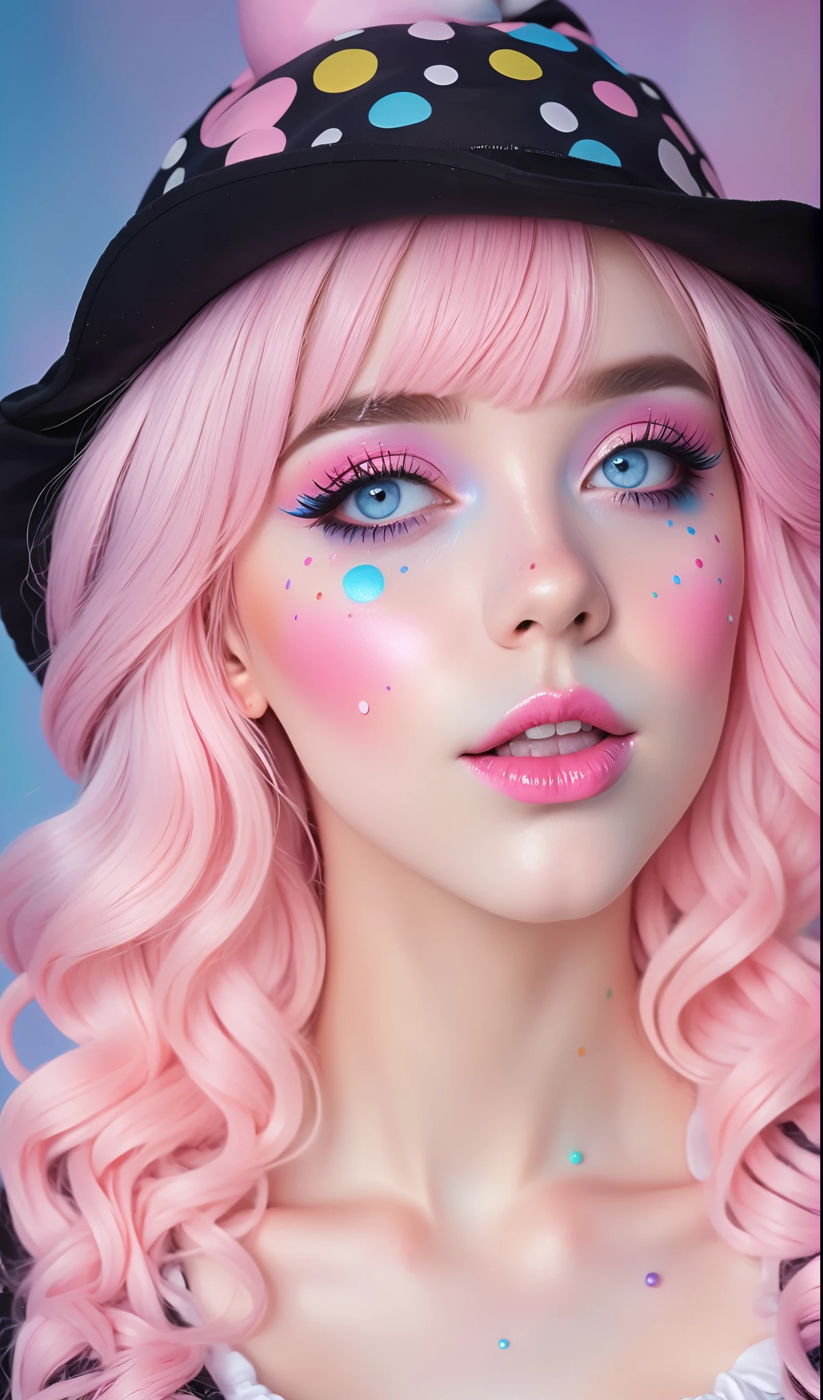 A close up of a woman with pink hair wearing a hat - SeaArt AI