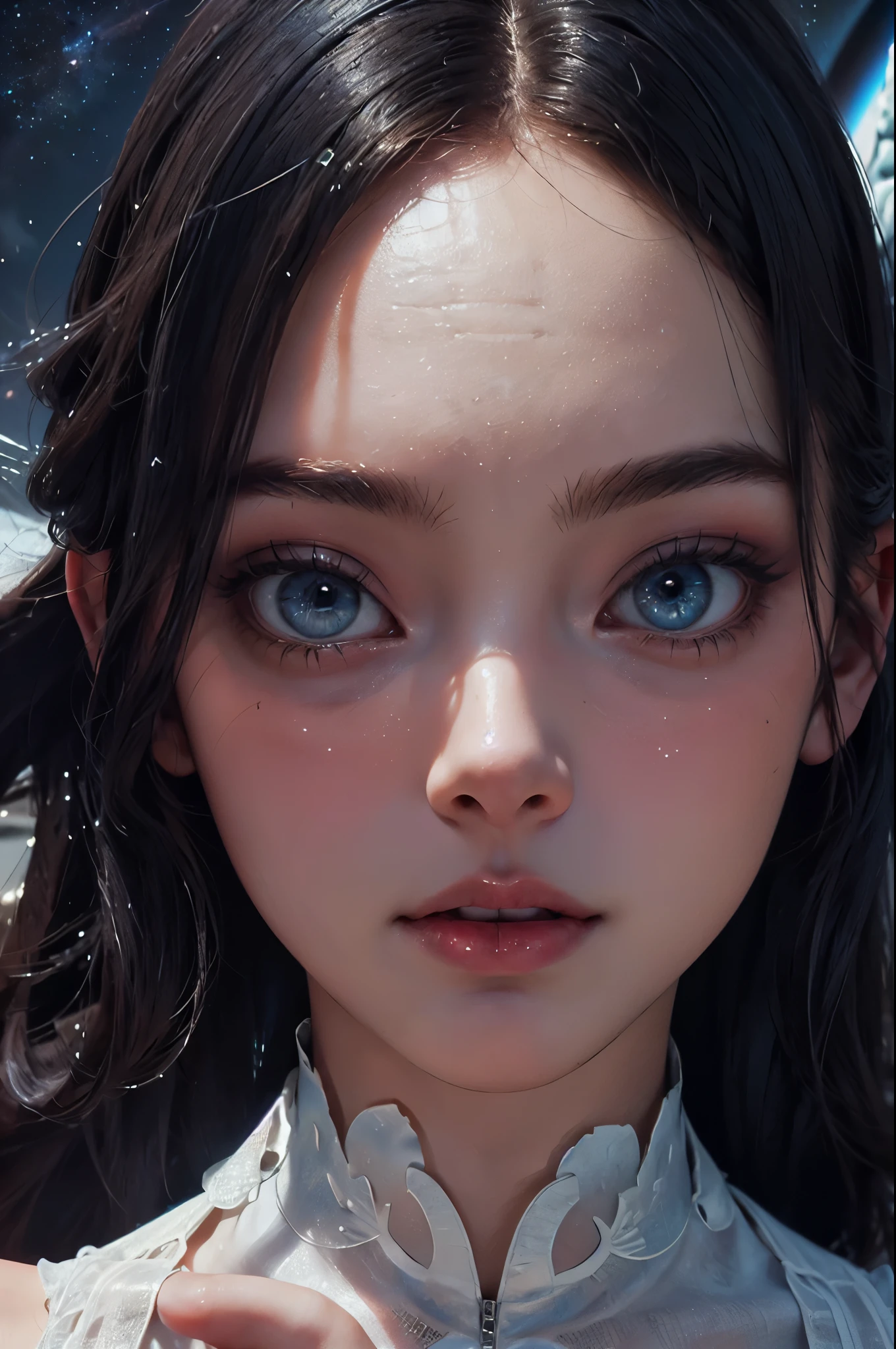 ((space, Distant stars), (Fantastic image, very beautiful - space girl), (1 girl; 1.3), (Face. figure))). ((Graceful forms. Graceful girl). (high quality), (stylization - animation, realism). (Dark cool colors mixed with warm shades). (angel girl), (photorealistic, Cinematic picture), (high detail, complete black hole, 8K. dynamic expressive image)). ((Very detailed eyes and face))), Beautiful detailed eyes. masterpiece, Best quality, full length portrait, amazing beauty, dynamic pose, нежное Face, and bright eyes)). ((She wears transparent, semi-sheer dress, emphasizing a slim figure). (She&#39;s an angel, descended into the underworld. She&#39;s a savior, light in the dark kingdom, radiating a soft glow. High detail, Other worlds, light of distant stars), (detail, high quality), (Muffled light, dark environments - the spooky cinematic setting is great)). ((Girl with white skin, realistic detailed skin, clear focus, volumetric mist near the floor, 8K, UHD, SLR camera, high quality, granularity. photorealism, lomography, fantastic dark art, Utopian reality)). ((готическое Face, gothic horror atmosphere, зловещая gothic aesthetics), (gothic art style, creepy gothic portrait, dark fantasy, mixed with realism, gothic aesthetics)).((Realistic black leather)).