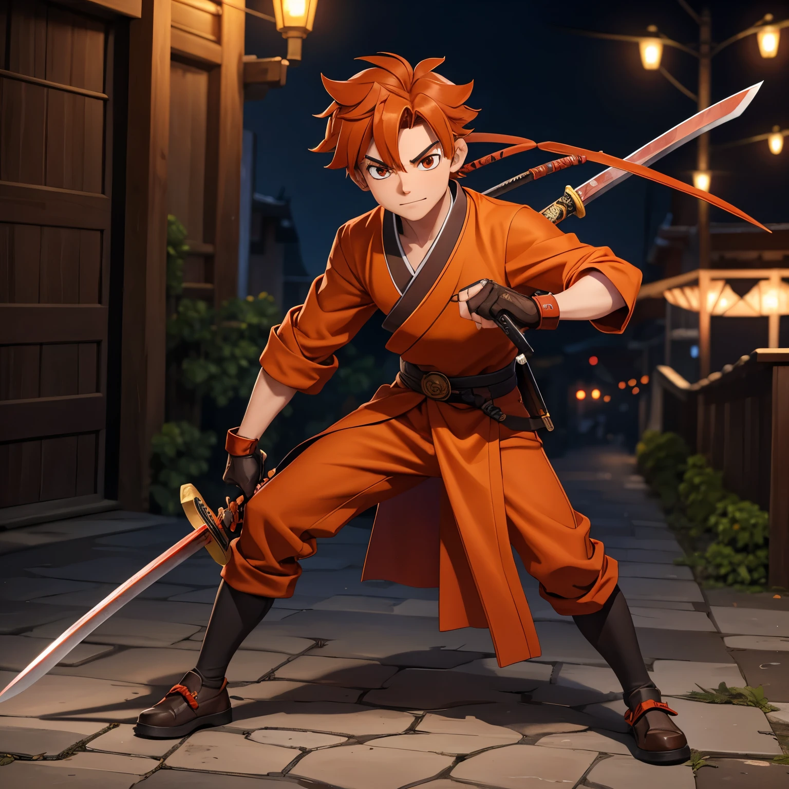 un personnage de garçon tueur de démons de 16 ans avec des cheveux brun orange et un katana et un kimono rouge rougeâtre