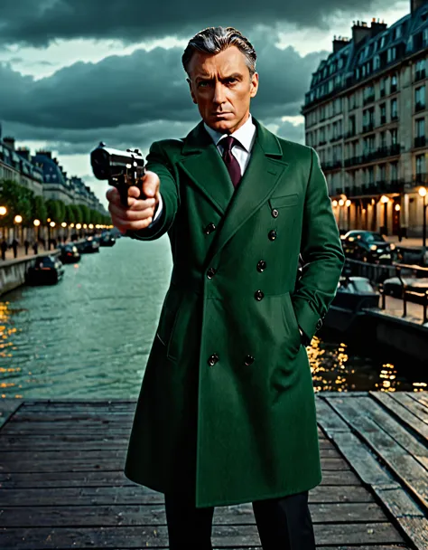 masterpiece, best quality, hyper detailed, ultra detailed, 1man, solo, solo focus, arafed french man in a coat, (pointing pistol...