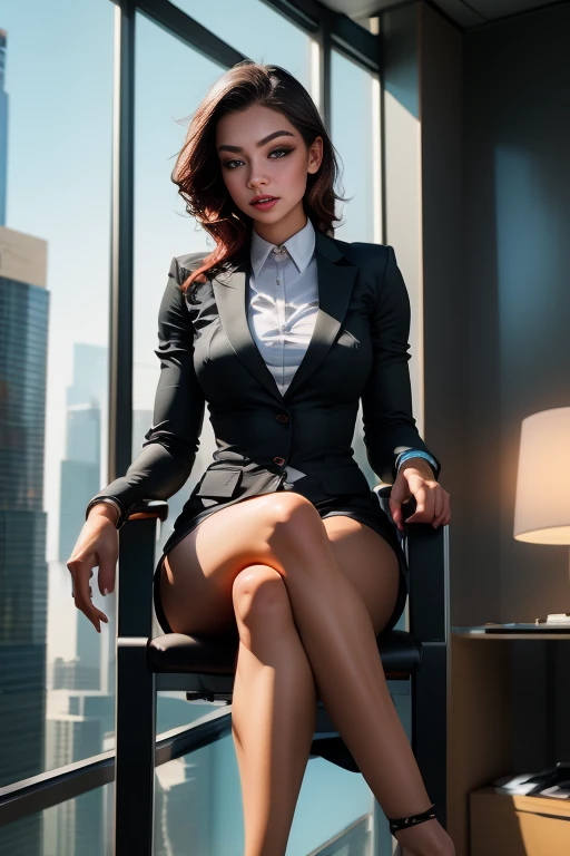 office in a skyscraper in a big city, female cyborg, beautiful detailed eyes, beautiful detailed lips, beautiful detailed face, extremely detailed eyes, extremely detailed face, long eyelashes, sits with her feet up in a luxurious chair