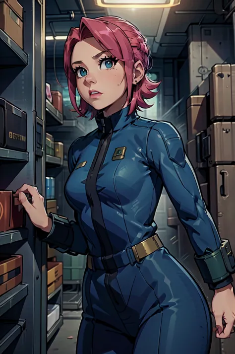 Mayl Sakurai reimagined as a vault dweller, doing maintenance in an underground vault. Her vibrant pink hair stands out against ...