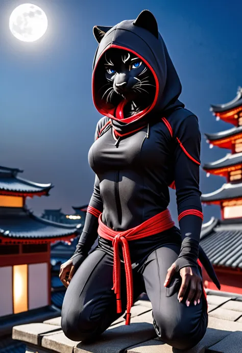 anthropomorphic black panther dressed as a ninja, ((no face mask)) , (visible face)) small breasts, blue eyes, matte black hoode...