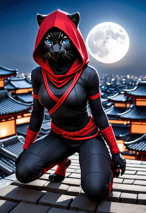 Anthropomorphic black panther dressed as a ninja, ((no face mask)) , (visible face)) small breasts, blue eyes, matte black hoode...