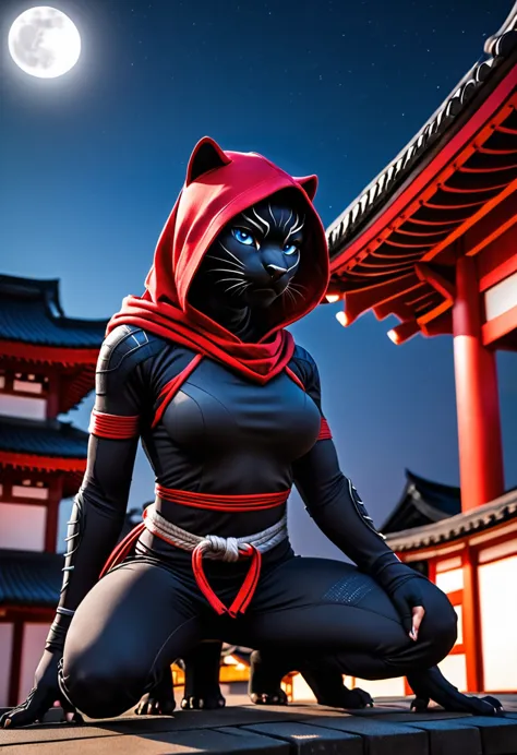Anthropomorphic black panther dressed as a ninja, ((no face mask)) , (visible face)) small breasts, blue eyes, matte black hoode...