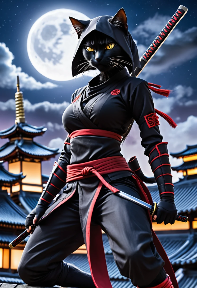 anthropomorphic cat ninja, ninja cat, cat the assassin, mk ninja, ninja outfit, ninja, mystic ninja, inspired by Kanō Hōgai, kunoichi, portrait shot, goth ninja, epic ninja suit, dramatic wielding katana pose, samurai cat, on temple rooftops, in the moonlight, view from below looking up, photorealistic, uhd, 