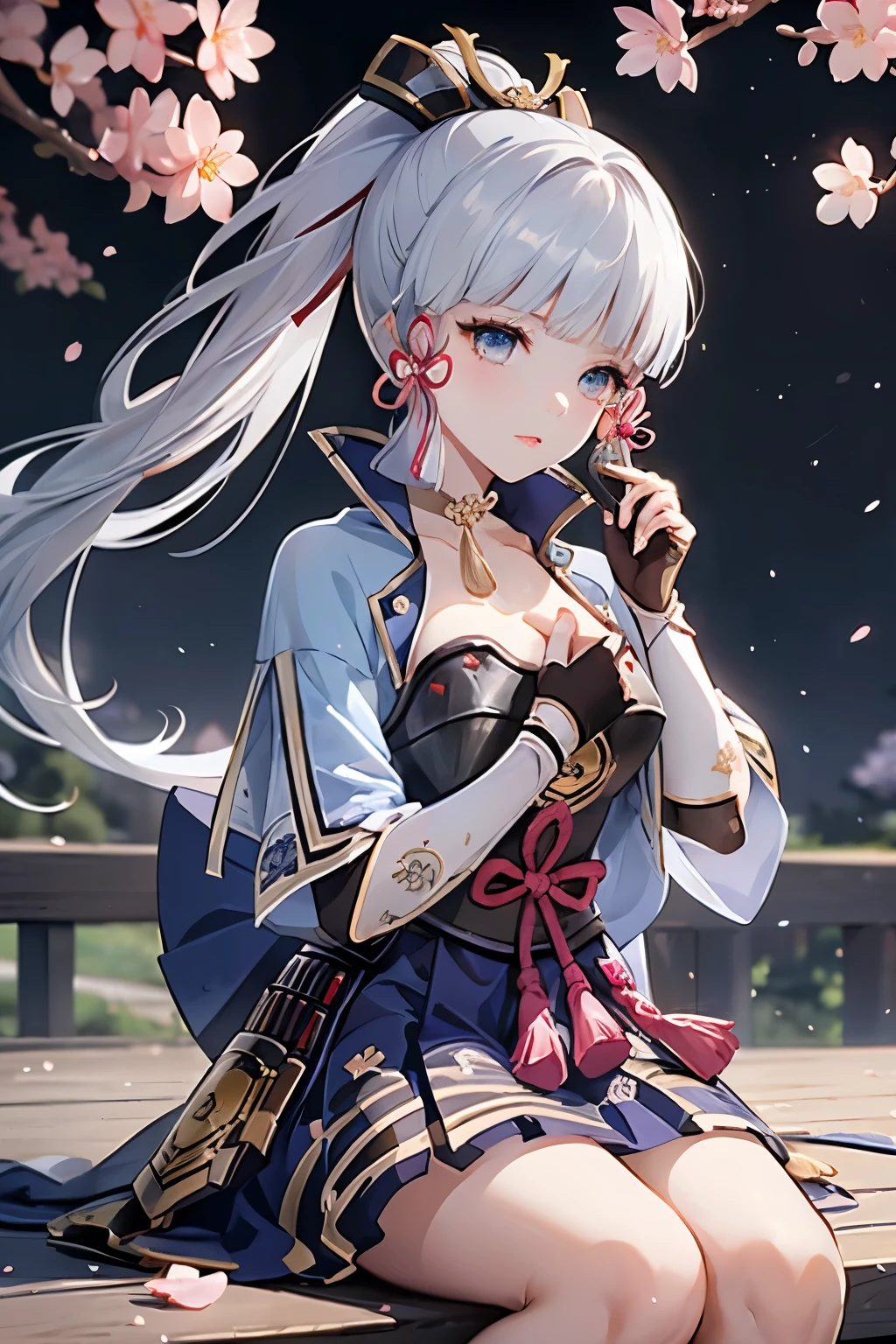 masterpiece, highest quality, ((kamisato ayaka_Genshin Impact)),((1girl,long hair,blue hair,ponytail,hair ribbon, hair ornament,mole under eye, blue eyes,breastplate,armor, short sleeves,japanese clothes,blue skirt, tassel,gloves, arm guards,))Ample breasts:1.9、[Sitting on a chair and holding a fan],((Fantastic background、whirlwind、cherry blossoms)),Dancing、Close-up image
