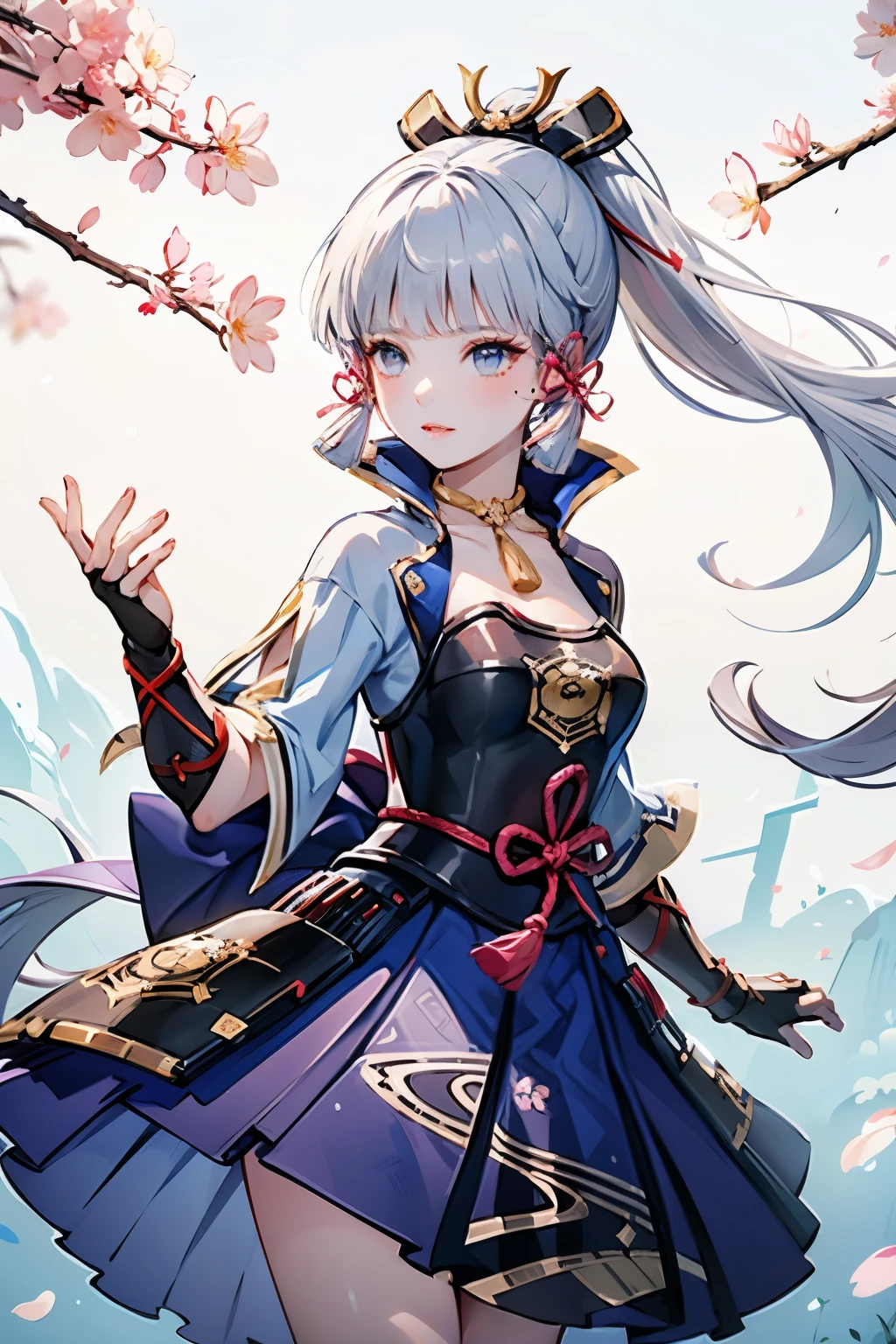 masterpiece, highest quality, ((kamisato ayaka_Genshin Impact)),((1girl,long hair,blue hair,ponytail,hair ribbon, hair ornament,mole under eye, Blue eyes,breastplate,armor, short sleeves,japanese clothes,blue skirt, Tassel,gloves, arm guards,))Ample breasts:1.9、[Sitting on a chair and reaching for cherry blossoms],((Fantastic background、whirlwind、cherry blossoms)),Dancing、Close-up image
