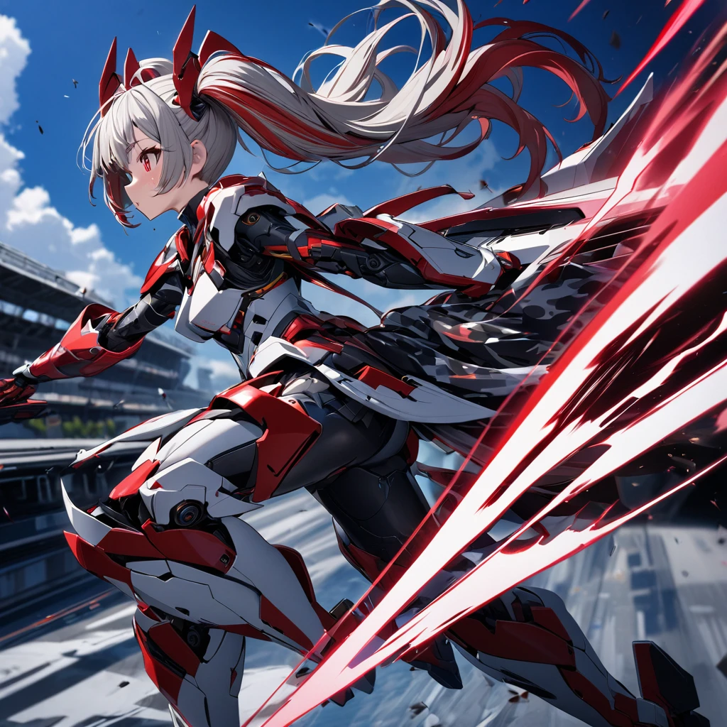 High quality, high definition, hig
h precision images,8k 1 Girl Robot Girl、urban camouflage hair,Twin tails,Red eyes、 ,(red and white clothing Hold it with one hand),,He's wearing flashy robot armor.Holding a red and white long sword,、Blue sky.Flying in the sky,Figure moving at high speed side view,shot from a distance
protector for face and head,show the whole body
