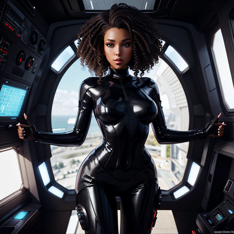 Una mujer pin up sexy posando en una nave espacial con un traje futurista , hermosa condesa, Renderizado 3D de, traje cibernético gótico, traje de cuero negro, modelo de personaje femenino 3d, ropa de cuero de ciencia ficción, disfraz futurista de ciencia ficción, personaje femenino de ciencia ficción, mujer futurista de moda, daz3d uno sombreadores, armadura de cuero de ciencia ficción, Pelo castaño, pelo rizado, Ébano, mediun curly Pelo castaño, mediun wild pelo negro rizado, pelo negro rizado, cabello rubio y rizado, pelo medio rizado, ((medium brown puffy curly hair)), afro rizado, cuerpo esbelto y simétrico, mediun dark curly hair, pelo oscuro y rizado