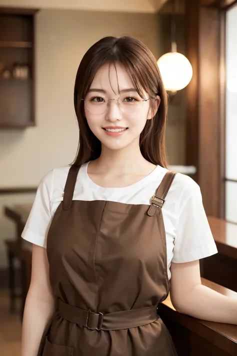 (highest quality、Tabletop、8k、Best image quality、Award-winning works)、Woman working in a café、The perfect brown apron、A classy sh...