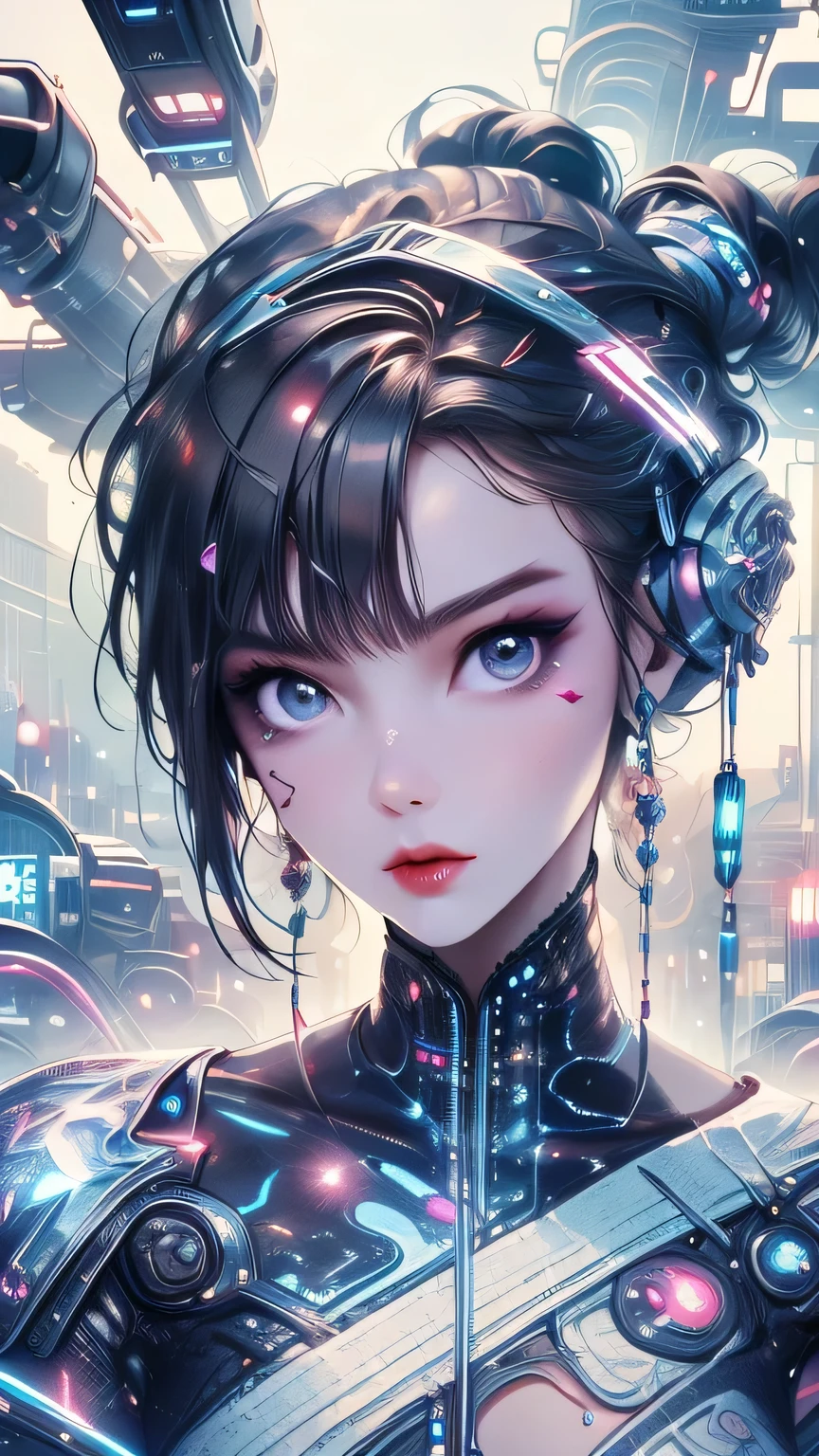 (best quality,4k,highres,masterpiece:1.2),ultra-detailed,realistic,cyberpunk,sexy ai woman,beautiful detailed eyes,beautiful detailed lips,longeyelashes,curves,provocative pose,katana,holographic background,vibrant colors,shiny metallic outfit,glowing neon lights,technological environment,cybernetic enhancements,high-tech weaponry,sci-fi atmosphere