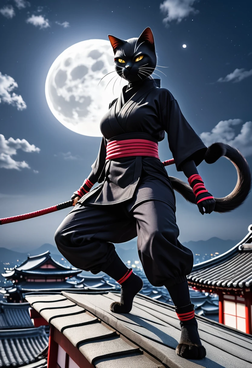 anthropomorphic cat ninja, ninja cat, cat the assassin, mk ninja, ninja outfit, ninja, mystic ninja, inspired by Kanō Hōgai, kunoichi, portrait shot, goth ninja, epic ninja suit, dramatic pose, on temple rooftops, in the moonlight, view from below looking up, photorealistic, uhd, 