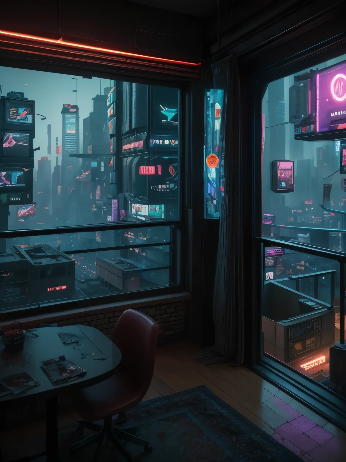 Generate a cozy and peaceful interior with a large window directly across from the camera. Through the window is a massive (((cyberpunk cityscape))) with (neon lights), highly detailed buildings, and colorful accents. The window and cityscape are important and should be focal points of the image. The room offers a sanctuary from the busy details of everyday life. This image should contrast quiet interiors with vibrant, busy, dynamic exteriors. Take inspiration from Kamen Nikolov's cyberpunk work on Artstation. Utilize trending art styles and dynamic lighting to create a ((masterpiece)). 