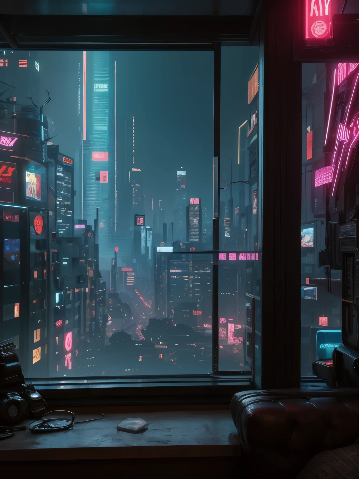 Generate a cozy and peaceful interior with a large window directly across from the camera. Through the window is a massive (((cyberpunk cityscape))) with (neon lights), highly detailed buildings, and colorful accents. The window and cityscape are important and should be focal points of the image. The room offers a sanctuary from the busy details of everyday life. This image should contrast quiet interiors with vibrant, busy, dynamic exteriors. Take inspiration from Kamen Nikolov's cyberpunk work on Artstation. Utilize trending art styles and dynamic lighting to create a ((masterpiece)). 