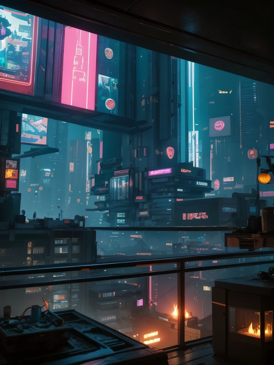 Generate a (cozy and peaceful interior) with a large window directly across from the camera. Through the window is a massive (((cyberpunk cityscape))) with (neon lights), highly detailed buildings, and colorful accents. The window and cityscape are important and should be focal points of the image. The room offers a sanctuary from the busy details of everyday life. This image should contrast quiet interiors with vibrant, busy, dynamic exteriors. Take inspiration from Kamen Nikolov's cyberpunk work on Artstation. Utilize trending art styles and dynamic lighting to create a ((masterpiece)). Include artful stacks of books and pillows and include gently glowing candles.