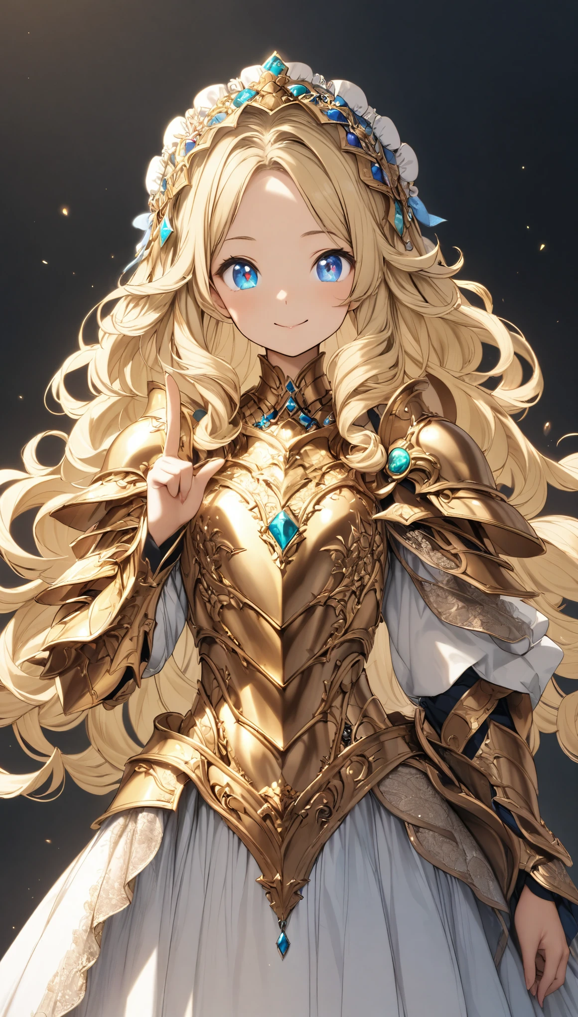 masterpiece, best quality, extremely detailed, high resolution, Japanese anime,1girl, blonde hair, (medium length hair:1.4), side braid hair, curly hair, wavy hair, drill hair, curl outward hair, (blue eyes:1.5), (beautiful detailed eyes:1.4), laugh, 12 -year-old , 145cm tall, original character, fantasy, (black background:1.2), full body, beautiful fingers, standing, (gold lace armor dress:1.5), (bejeweled headdress:1.5) , shoot from front, looking at viewer 