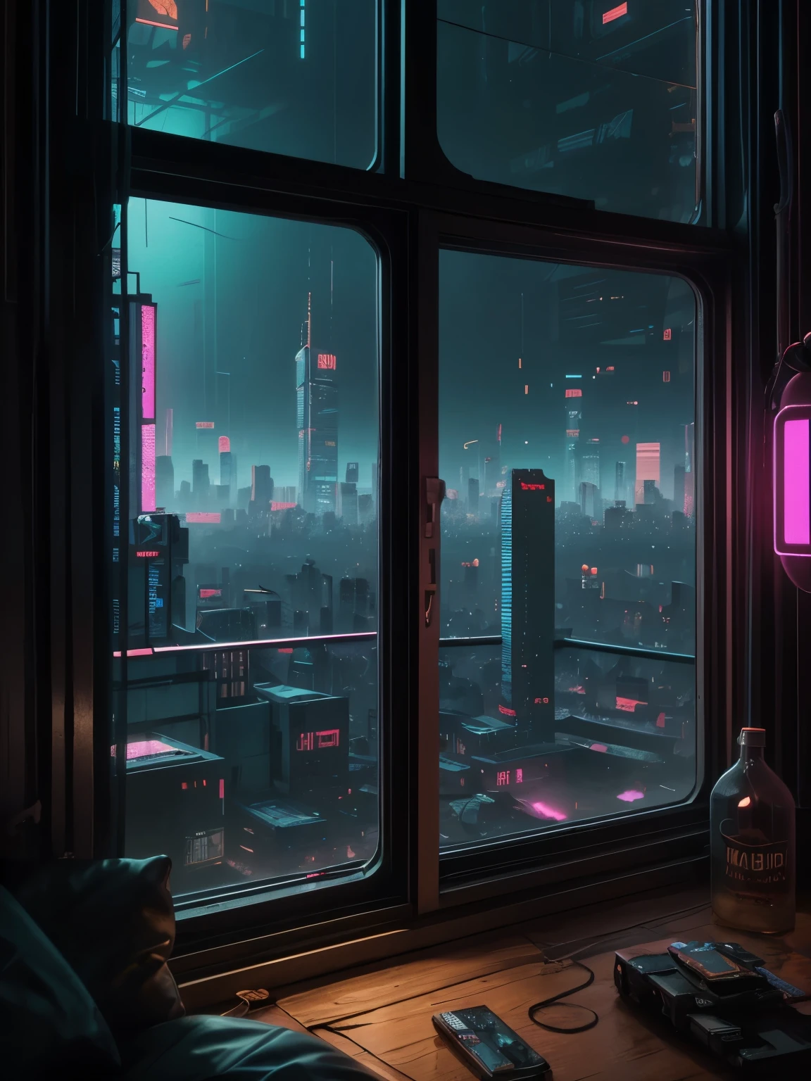 Generate a cozy and peaceful interior with a large window directly across from the camera. Through the window is a massive (((cyberpunk cityscape))) with (neon lights), highly detailed buildings, and colorful accents. The window and cityscape are important and should be focal points of the image. The room offers a sanctuary from the busy details of everyday life. This image should contrast quiet interiors with vibrant, busy, dynamic exteriors. Take inspiration from Kamen Nikolov's cyberpunk work on Artstation. Utilize trending art styles and dynamic lighting to create a ((masterpiece)). 