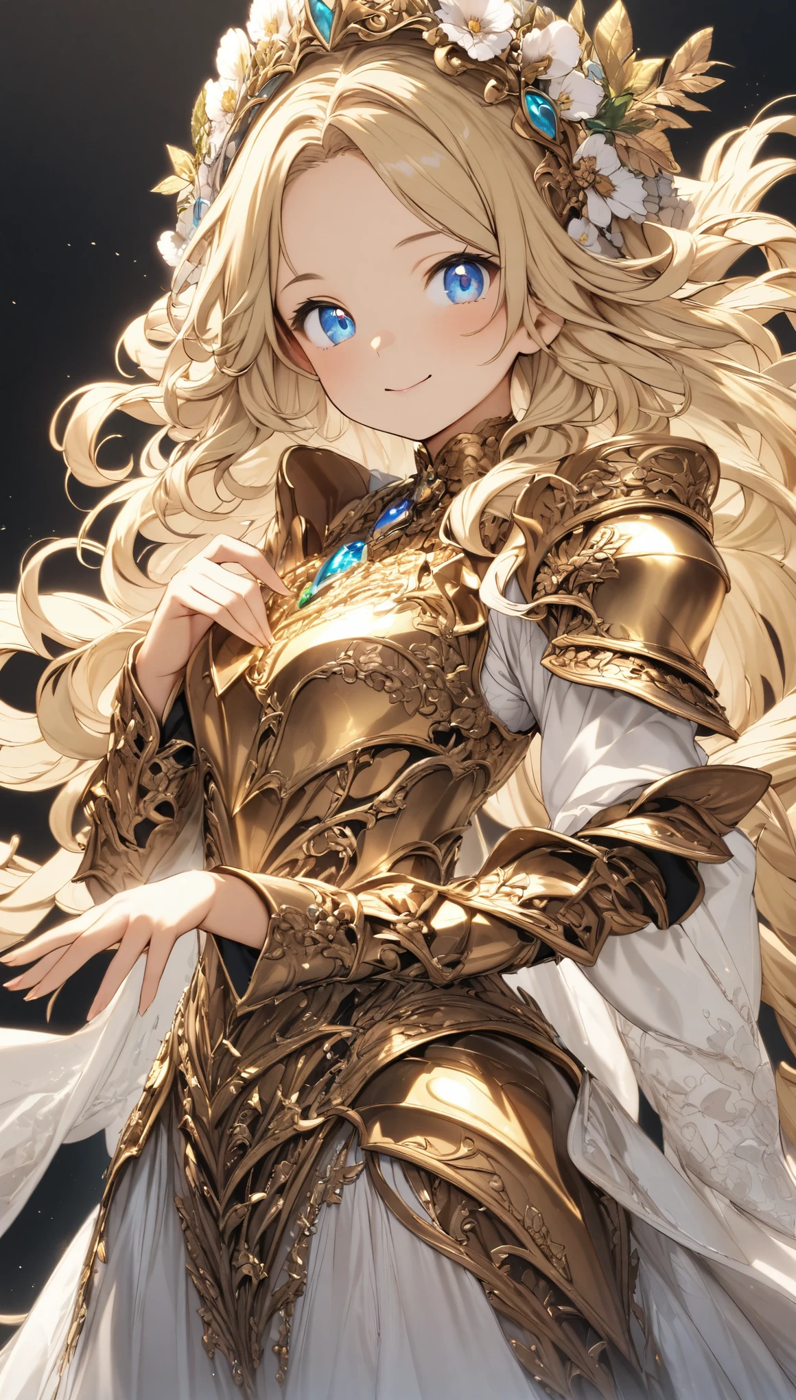 masterpiece、Best Quality、Very detailed、High resolution、Japanese anime、1girl、Blonde Hair、（Medium length hair：1.4）、Side braid hair、Curly Hair、Wavy Hair、Drill Hair、Curly Outward Hair、Dragon Horn、（blue eyes：1.5）、（Beautiful detailed eyes：1.4）、Laughter、12 years old、3 heads、original character、Fantasy、（Black Background：1.2）、whole body、Beautiful fingers、Are standing、（Gold Lace Frill Armor Dress：1.5）、（Jeweled Headgear：1.5）、Photographed from the front、View your viewers