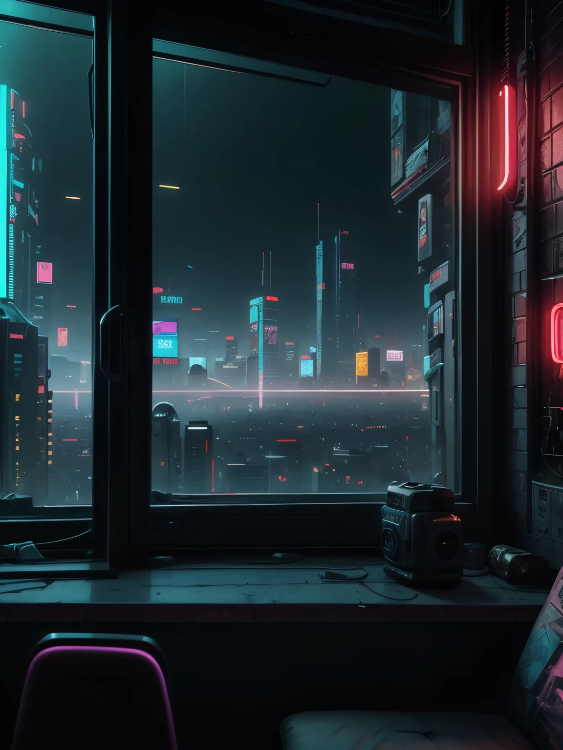 Generate a cozy and peaceful interior with a large window directly across from the camera. Through the window is a massive (((cyberpunk cityscape))) with (neon lights), highly detailed buildings, and colorful accents. The window and cityscape are important and should be focal points of the image. The room offers a sanctuary from the busy details of everyday life. This image should contrast quiet interiors with vibrant, busy, dynamic exteriors. Take inspiration from Kamen Nikolov's cyberpunk work on Artstation. Utilize trending art styles and dynamic lighting to create a ((masterpiece)). 