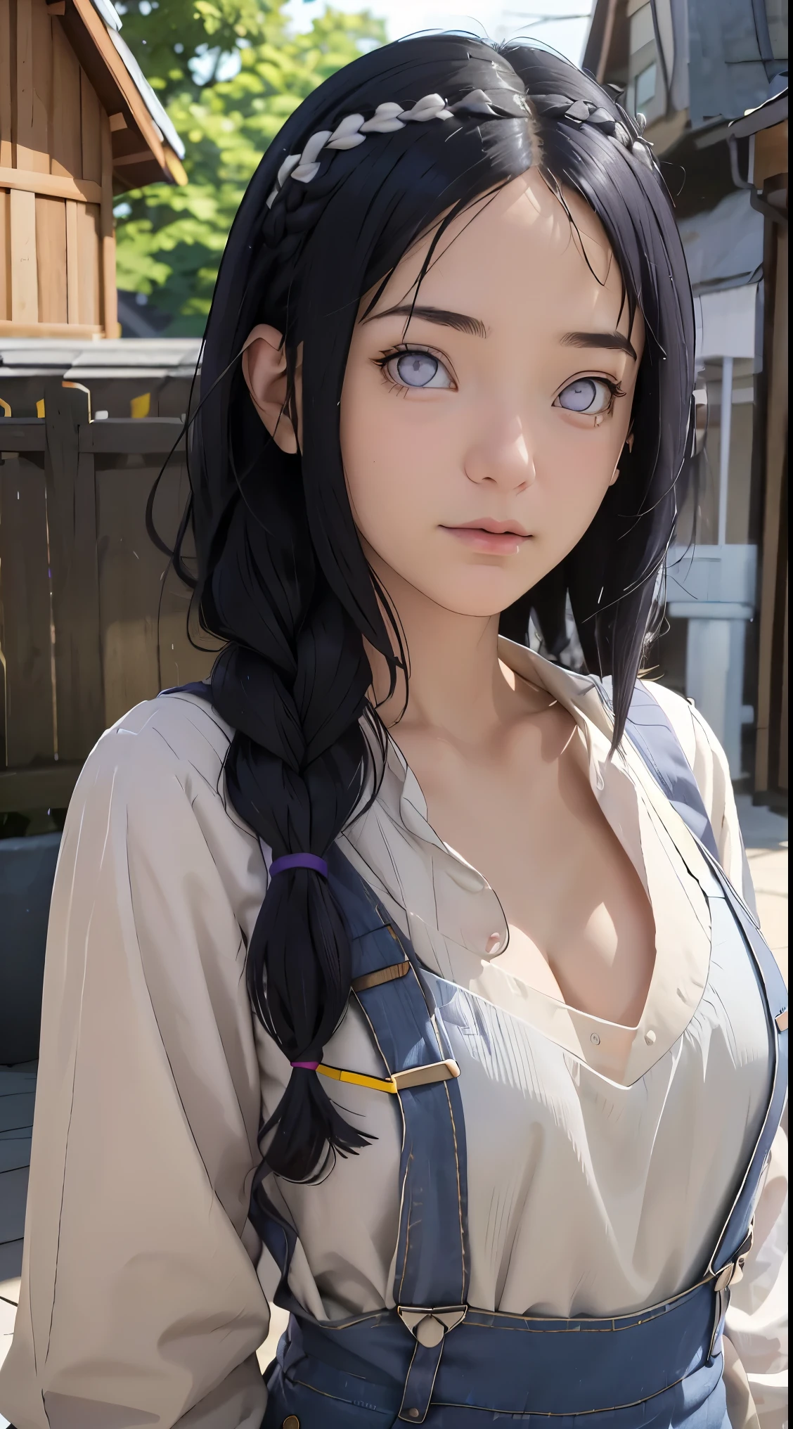 tmasterpiece， best qualityer， ultra - detailed， illustration，1girll，
long whitr hair，dark-blue hair，french braid，Purple eye，bluntbangs，cleavage，Large breasts
shirt，（jeans overalls：1.1），
mideum breasts， 
looking at viewert，hyouka/（Boruto/），Detailed lips