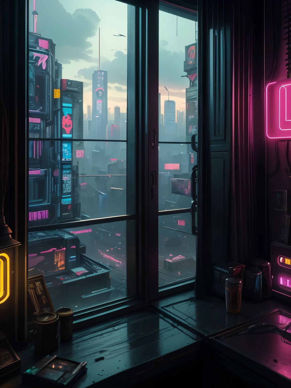 Generate a cozy and peaceful interior with a large window directly across from the camera. Through the window is a massive (((cyberpunk cityscape))) with (neon lights), highly detailed buildings, and colorful accents. The window and cityscape are important and should be focal points of the image. The room offers a sanctuary from the busy details of everyday life. This image should contrast quiet interiors with vibrant, busy, dynamic exteriors. Take inspiration from Kamen Nikolov's cyberpunk work on Artstation. Utilize trending art styles and dynamic lighting to create a ((masterpiece)). 