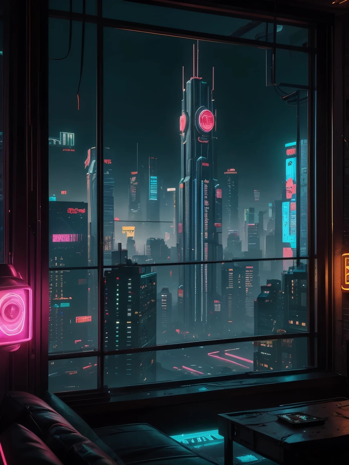 Generate a cozy and peaceful interior with a large window directly across from the camera. Through the window is a massive (((cyberpunk cityscape))) with (neon lights), highly detailed buildings, and colorful accents. The window and cityscape are important and should be focal points of the image. The room offers a sanctuary from the busy details of everyday life. This image should contrast quiet interiors with vibrant, busy, dynamic exteriors. Take inspiration from Kamen Nikolov's cyberpunk work on Artstation. Utilize trending art styles and dynamic lighting to create a ((masterpiece)). 