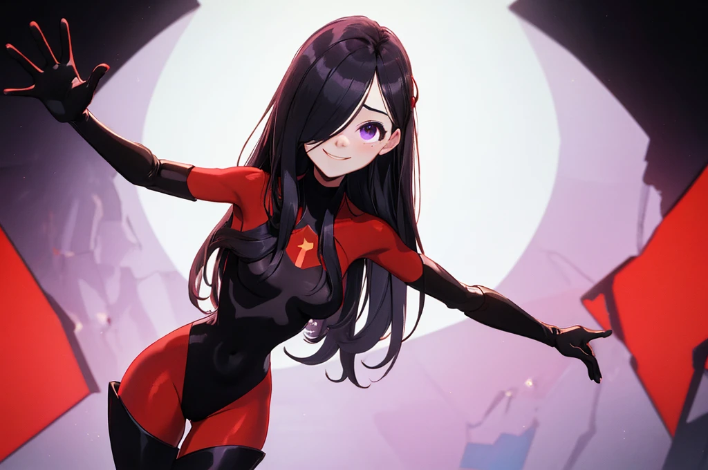 (whole body),masterpiece, highest quality, One Girl, Purple By, Long Hair, Black Hair,  Hair on one eye,  (Red Hero Suit)，Red bodysuit，Black elbow gloves，Black thigh-high boots，Thick thighs，Place one hand on hip，upright，View your audience, smile, Simple Background 