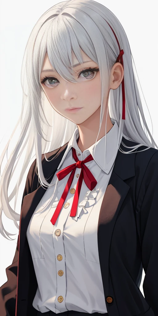 ((casual-style)), 1girl, solo, white hair, shirt, red ribbon, ribbon, looking at viewer, long hair, upper body, white eyes, white shirt, grey eyes, hair between eyes, neck ribbon, collared shirt, cardigan, closed mouth, expressionless, jacket, simple background, frills, bangs, white background, long sleeves