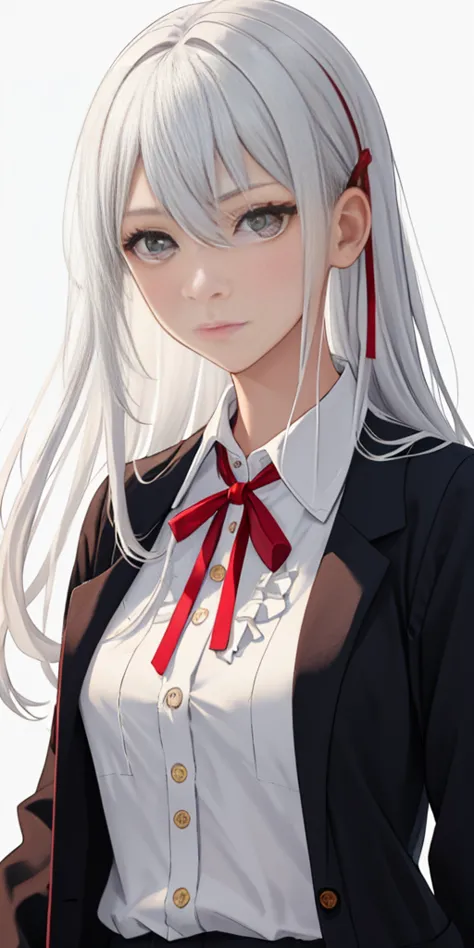 ((casual-style)), 1girl, solo, white hair, shirt, red ribbon, ribbon, looking at viewer, long hair, upper body, white eyes, whit...