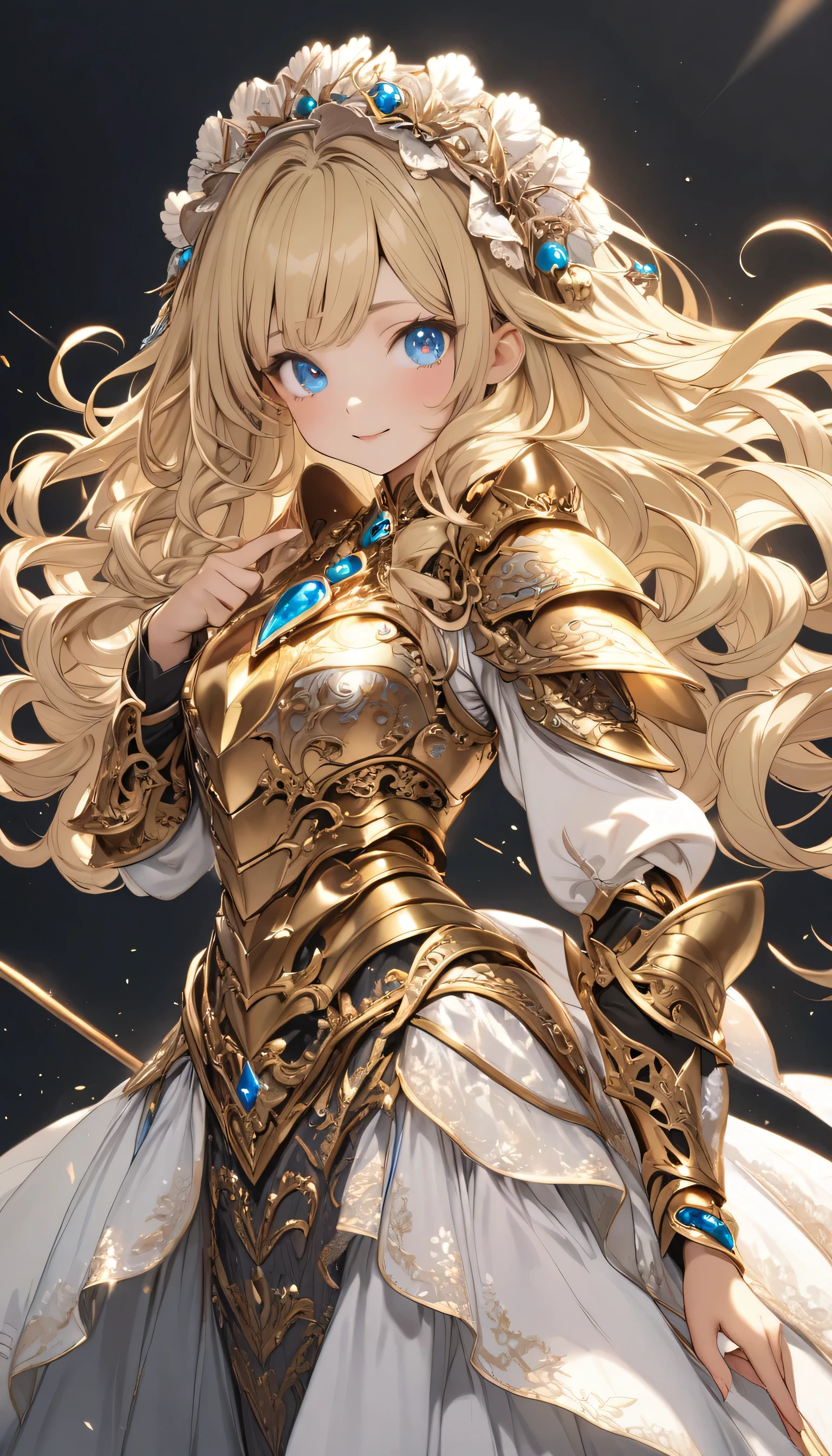 masterpiece、Best Quality、Very detailed、High resolution、Japanese anime、1girl、Blonde Hair、（Medium length hair：1.4）、Side braid hair、Curly Hair、Wavy Hair、Drill Hair、Curly Outward Hair、Dragon Horn、（blue eyes：1.5）、（Beautiful detailed eyes：1.4）、Laughter、12 years old、3 heads、original character、Fantasy、（Black Background：1.2）、whole body、Beautiful fingers、Are standing、（Gold Lace Frill Armor Dress：1.5）、（Jeweled Headgear：1.5）、Photographed from the front、View your viewers