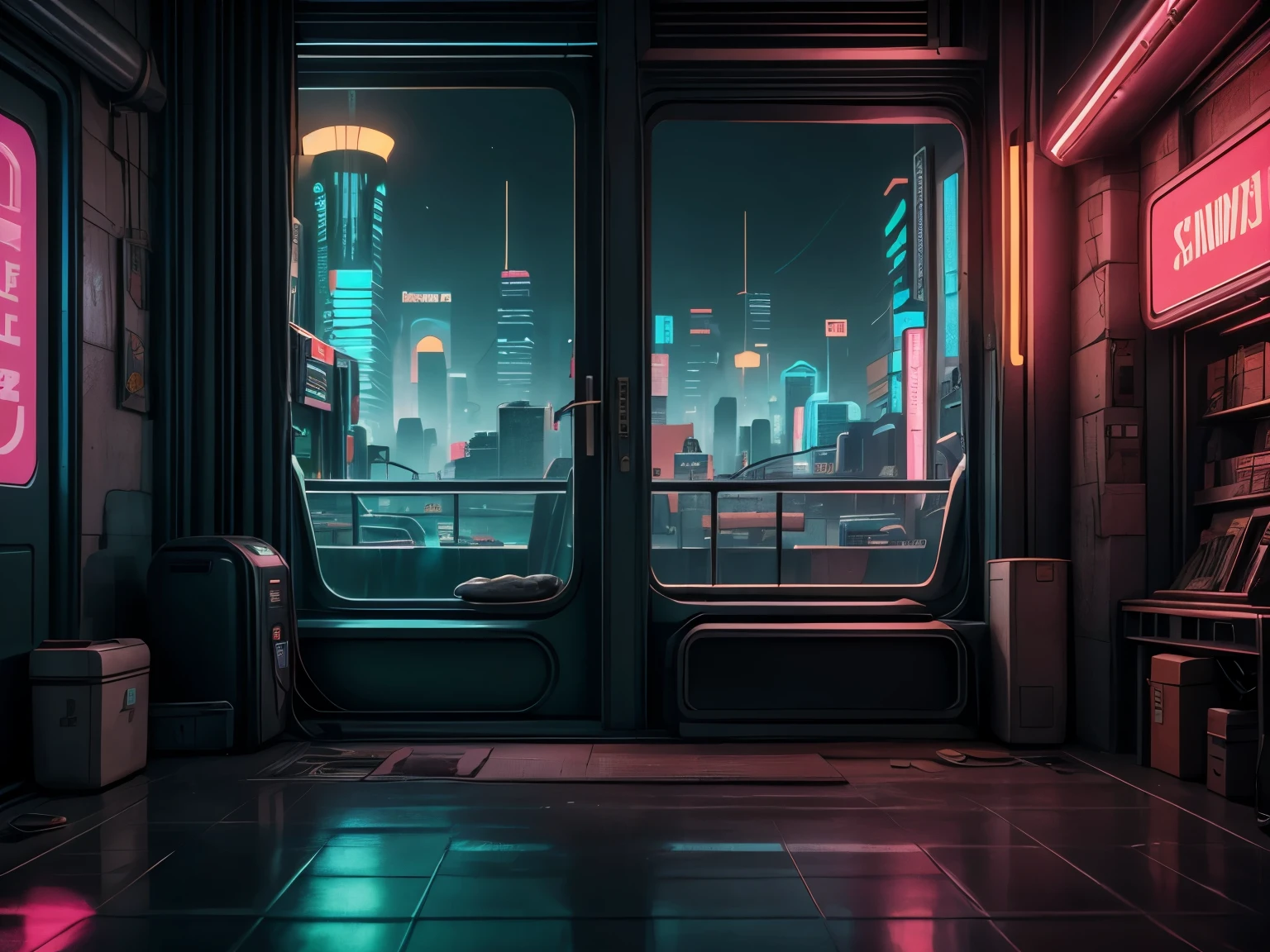 Generate a cozy and peaceful interior with a large window directly across from the camera. Through the window is a massive (((cyberpunk cityscape))) with (neon lights), highly detailed buildings, and colorful accents. The window and cityscape are important and should be focal points of the image. The room offers a sanctuary from the busy details of everyday life. This image should contrast quiet interiors with vibrant, busy, dynamic exteriors. Take inspiration from Kamen Nikolov's cyberpunk work on Artstation. Utilize trending art styles and dynamic lighting to create a ((masterpiece)). 