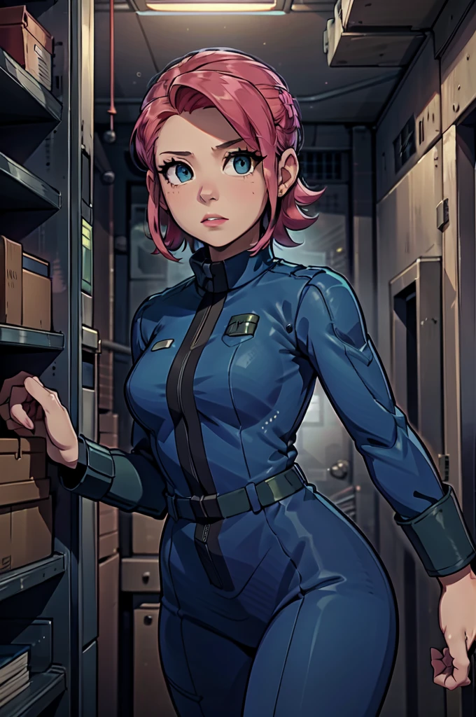 Mayl Sakurai reimagined as a vault dweller, doing maintenance in an underground vault. Her vibrant pink hair stands out against the dimly lit environment. She is a 26-year-old woman dressed in a vault dweller jumpsuit, indicative of her role in the post-apocalyptic world. The jumpsuit is worn but still functional, reflecting the harsh conditions of life underground. Her face is beautifully detailed, with expressive eyes that convey determination and intelligence. Her lips are also well-defined, adding to her overall allure.

In the vault, Mayl Sakurai is seen operating a pipboy, a wrist-worn device that serves as an essential tool and information hub for survival in the vault. The pipboy's screen emits a soft glow, illuminating Mayl's face and casting a subtle green hue on the surroundings. The details on the pipboy, from its buttons to its display, are extremely detailed, showcasing its futuristic design.

The underground vault is filled with mechanical equipment and pipes, emphasizing the importance of maintenance in this post-apocalyptic world. The atmosphere is gritty and industrial, with a hint of mystery and danger. The lighting is dim and has a hint of blue tones, enhancing the underground ambiance.

Despite the grim surroundings, Mayl Sakurai exudes confidence and strength as she jumps into action, ready to fulfill her duties as a vault dweller. Her posture and expression suggest that she is prepared to face any challenge that comes her way.

The image quality should be at its best, with 4K resolution and ultra-detailed rendering, capturing every intricate detail of the scene. The colors should be vivid, emphasizing the contrast between Mayl's vibrant pink hair and the dimly lit environment. The overall style should lean towards a post-apocalyptic concept art aesthetic, blending realism with a touch of fantasy.

In summary, the Stable Diffusion prompt for the provided theme would be:
Mayl Sakurai reimagined as a vault dweller, doing maintenance in an undergr