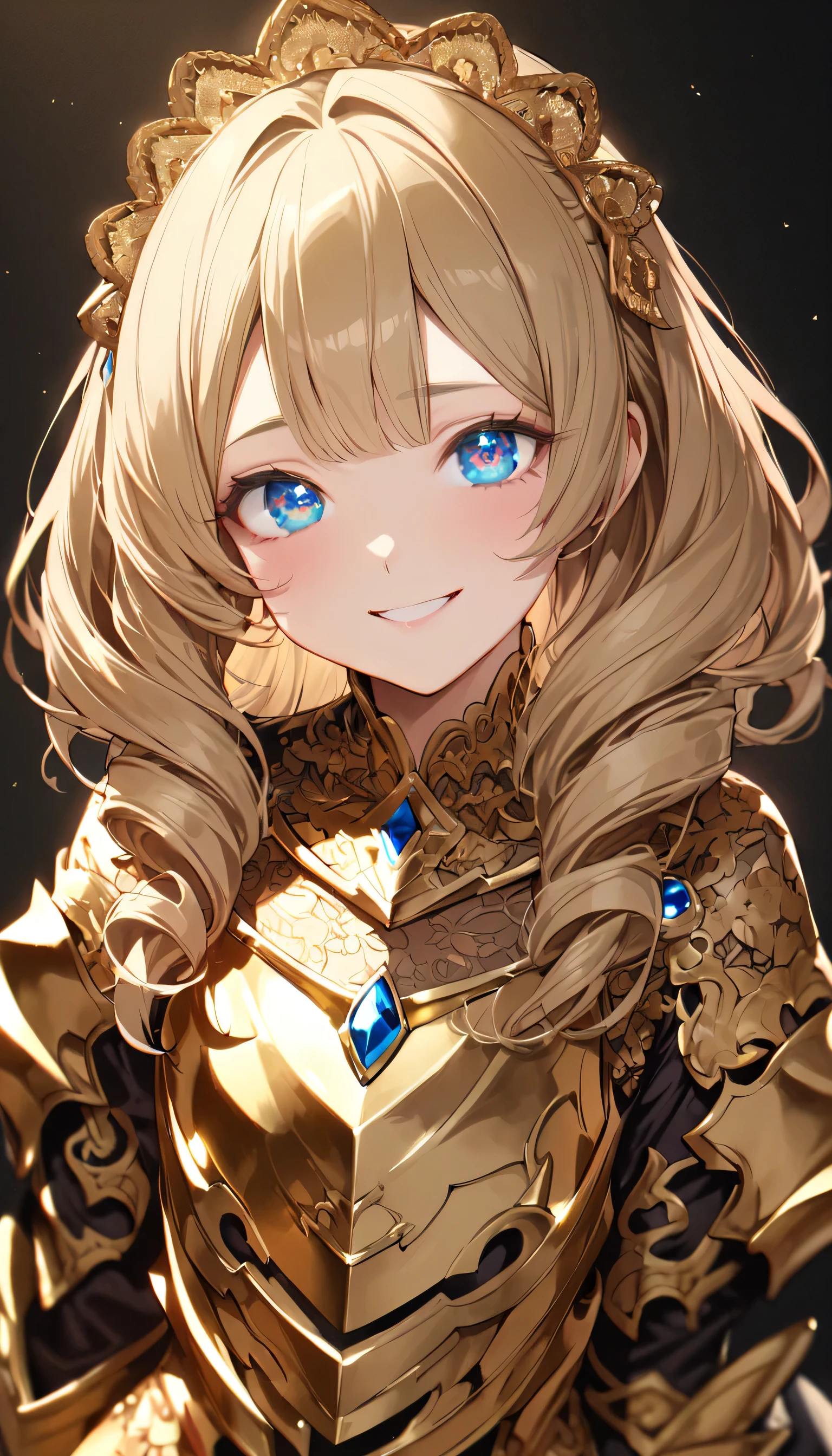 masterpiece, best quality, extremely detailed, high resolution, Japanese anime,1girl, blonde hair, (medium length hair:1.4), side braid hair, curly hair, wavy hair, drill hair, curl outward hair, (blue eyes:1.5), (beautiful detailed eyes:1.4), laugh, 12 -year-old , 145cm tall, original character, fantasy, (black background:1.2), full body, beautiful fingers, standing, (gold lace armor dress:1.5), (bejeweled headdress:1.5) , shoot from front, looking at viewer
