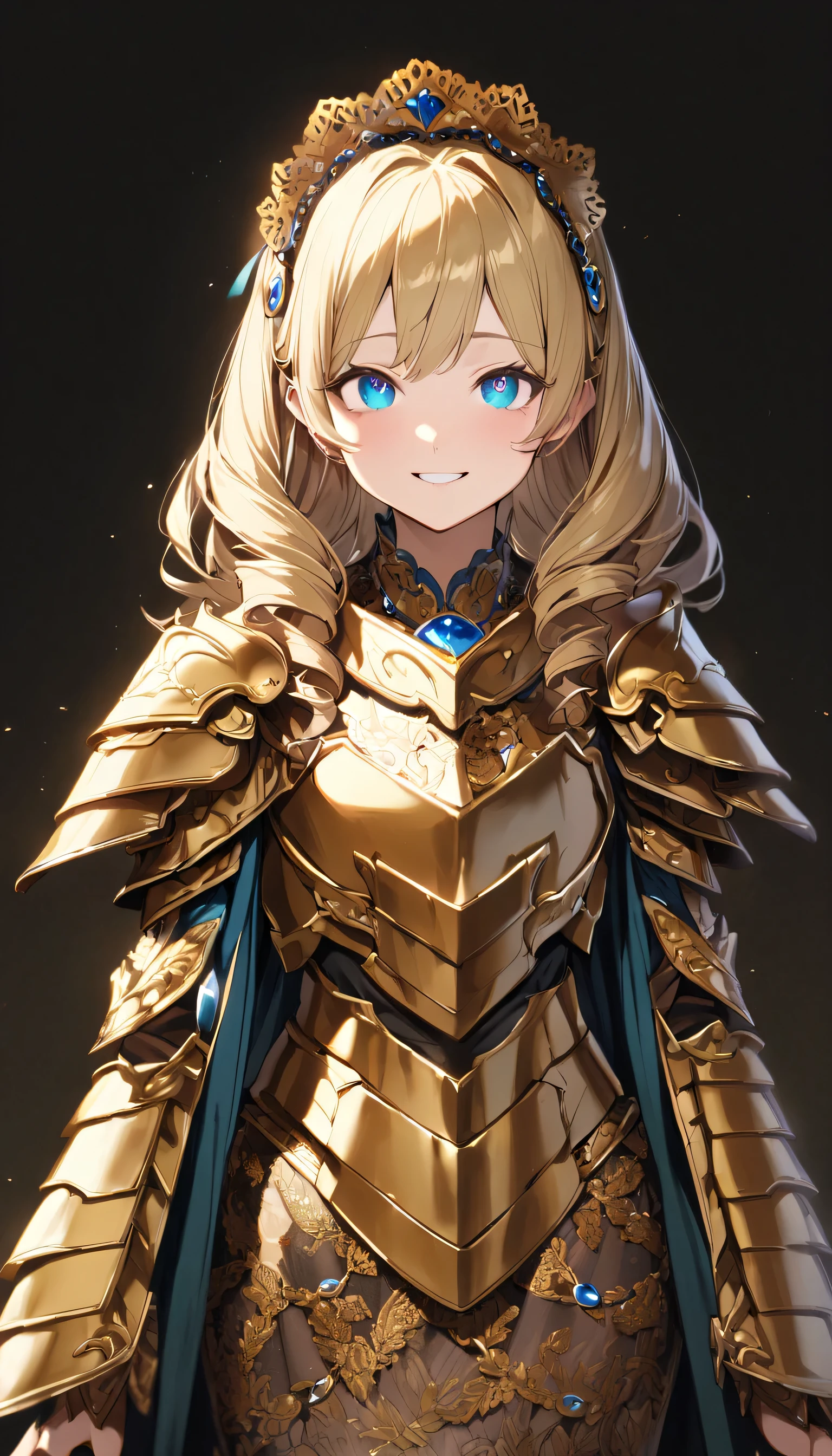 masterpiece, best quality, extremely detailed, high resolution, Japanese anime,1girl, blonde hair, (medium length hair:1.4), side braid hair, curly hair, wavy hair, drill hair, curl outward hair, (blue eyes:1.5), (beautiful detailed eyes:1.4), laugh, 12 -year-old , 145cm tall, original character, fantasy, (black background:1.2), full body, beautiful fingers, standing, (gold lace armor dress:1.5), (bejeweled headdress:1.5) , shoot from front, looking at viewer
