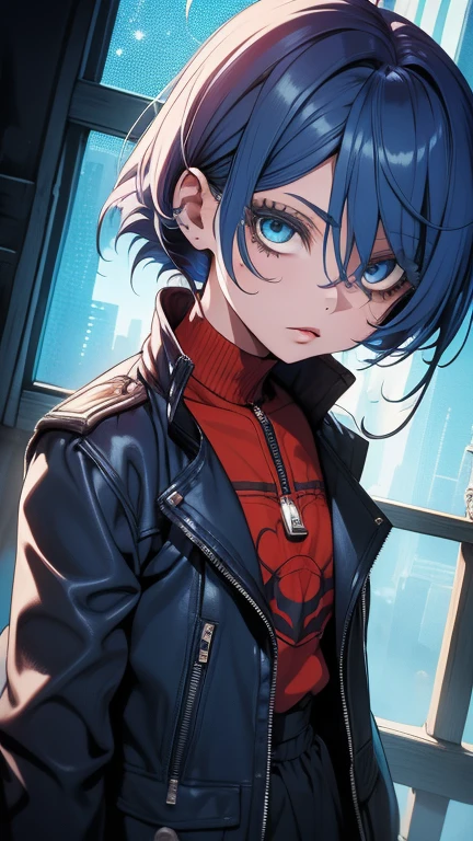 Obra-prima,Detalhado,High resolutions:1.4) , Foto del modelo, fechar, Rosto detalhado, Olhos finos e detalhados,, (Kirishima Touka),medium blue hair,ojo ghoul,retro jacket,Tokyo Ghoul,Fundo retrofuturista, cores vibrantes, hdr,, ,