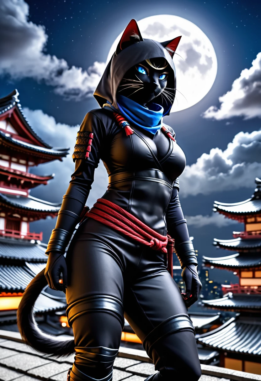 anthropomorphic female black cat นินจา, นินจา big cat, ฆาตกร, mk นินจา, นินจา outfit, นินจา, mystic นินจา, ดวงตาสีฟ้า, แรงบันดาลใจจาก Kanō Hōgai, คุโนะอิจิ, ภาพบุคคล, goth นินจา, epic นินจา suit, ท่าทางที่น่าทึ่ง, บนหลังคาวิหาร, ในแสงจันทร์, มองจากด้านล่างมองขึ้นไป, เหมือนจริง, ยูเอชดี,