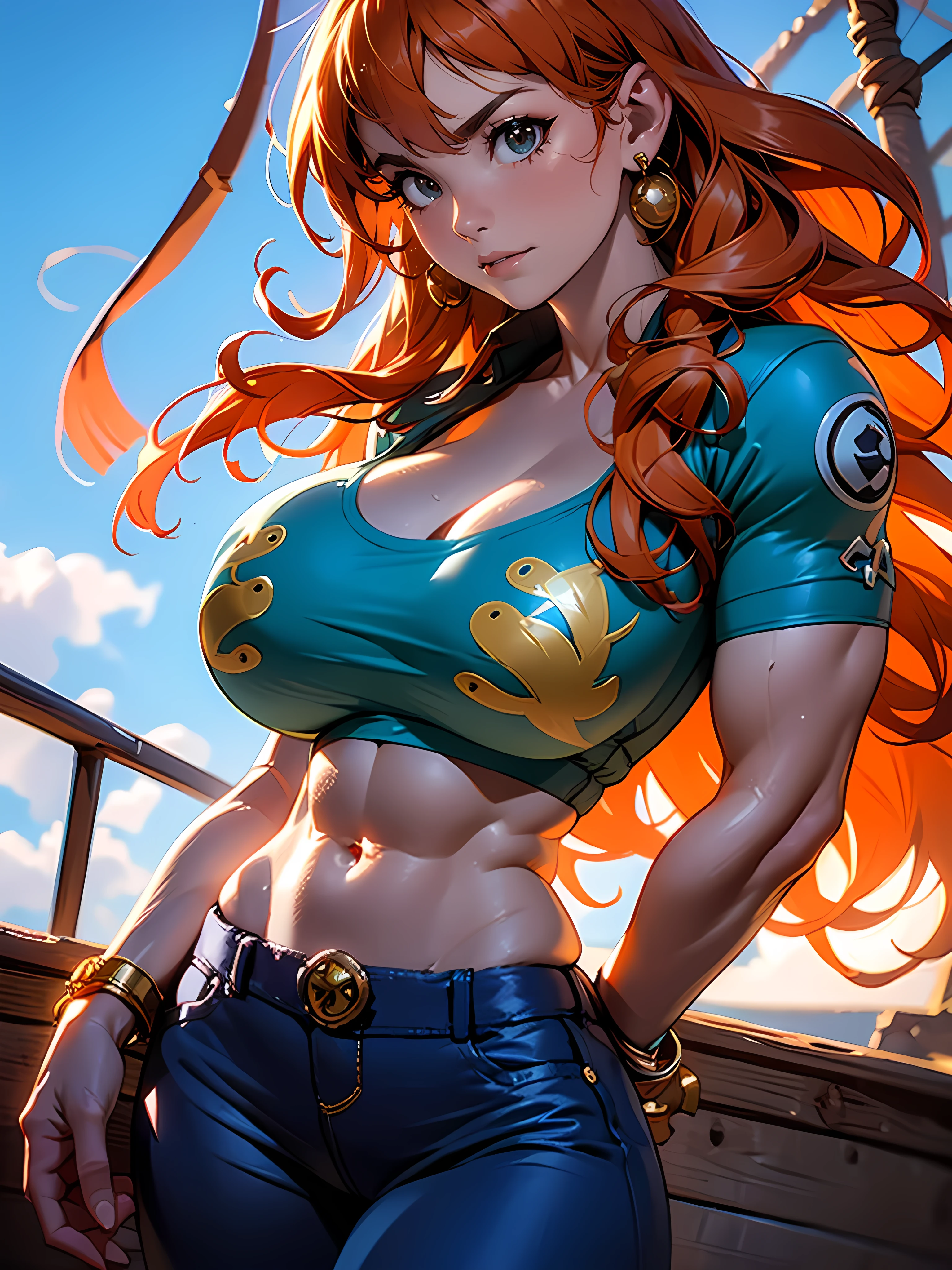 extremely beautiful (nami, one piece), subtle makeup, golden hour, photorealistic, high contrast, 8k HD, detailed, hyper-detailed, realistic skin texture, (((massive female bodybuilder))), (((huge breasts))), orange long hair, bikini top only, blue pants, large breast, best quality, ultra high res, raw photo, dramatic lighting, unreal engine, diffuse glow, outdoor, realistic, detailed, one piece, pirate ship, treasure chest, gold, gold coins, gold bars. realistic skin texture, realistic skin tone, realistic, photorealistic