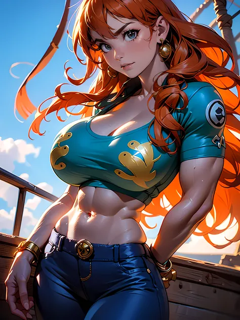 extremely beautiful (nami, one piece), subtle makeup, golden hour, photorealistic, high contrast, 8k hd, detailed, hyper-detaile...